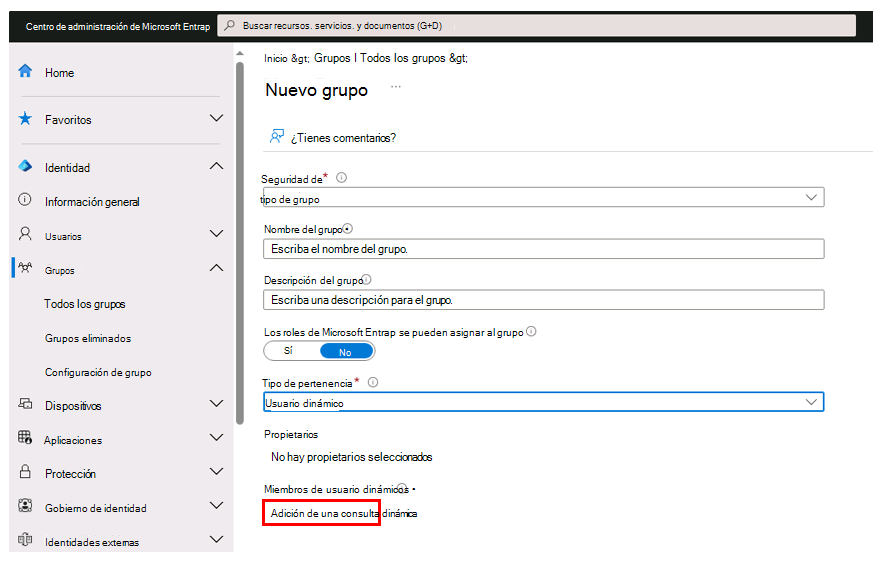 Captura de pantalla que muestra la ventana Nuevo grupo con la opción Agregar consulta dinámica resaltada.