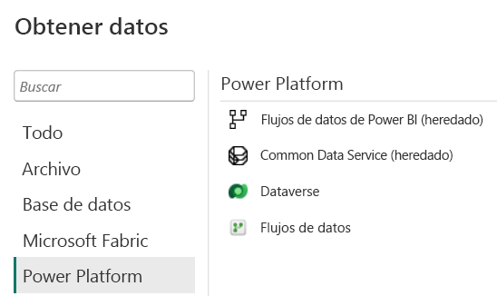 Screenshot of Power BI Desktop Get Data Connectors window with Power Platform selected including Power BI semantic models, Lakehouses, Dataflows, and more.
