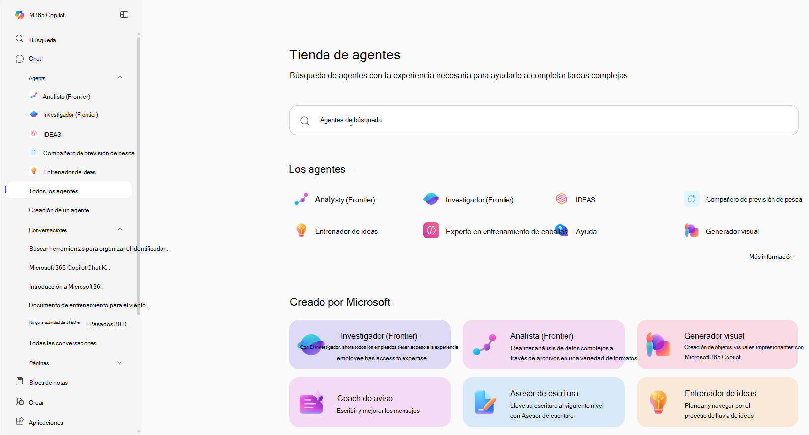 Captura de pantalla de la ventana Tienda de agentes, que aparece al seleccionar Todos los agentes en el panel de navegación de la página principal de Microsoft 365.