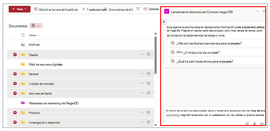 Captura de pantalla que muestra los archivos seleccionados para una biblioteca de documentos en SharePoint y el panel de chat resaltado para un agente.