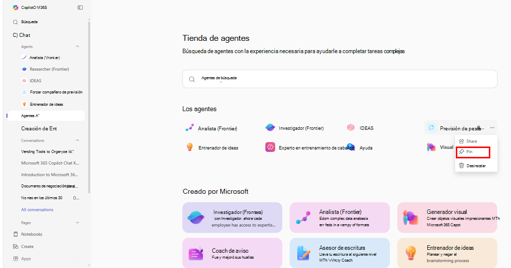 Captura de pantalla de la ventana Tienda de agentes que muestra el menú de un agente con la opción Anclar resaltada.