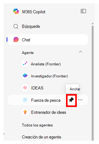 Captura de pantalla del panel de navegación de Microsoft 365 que muestra el menú de un agente con el icono Pin resaltado.