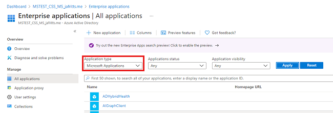 Captura de pantalla del menú desplegable Tipo de aplicación donde están seleccionadas las aplicaciones de Microsoft.