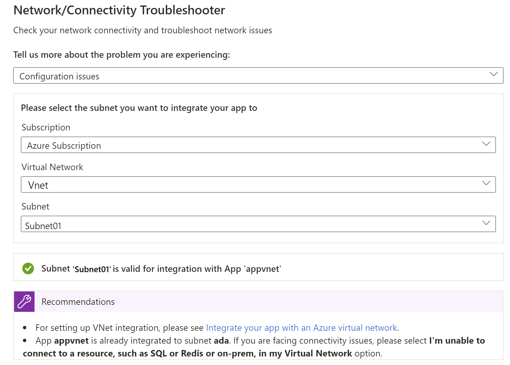 Captura de pantalla que muestra cómo ejecutar el solucionador de problemas de configuración en el Azure Portal.