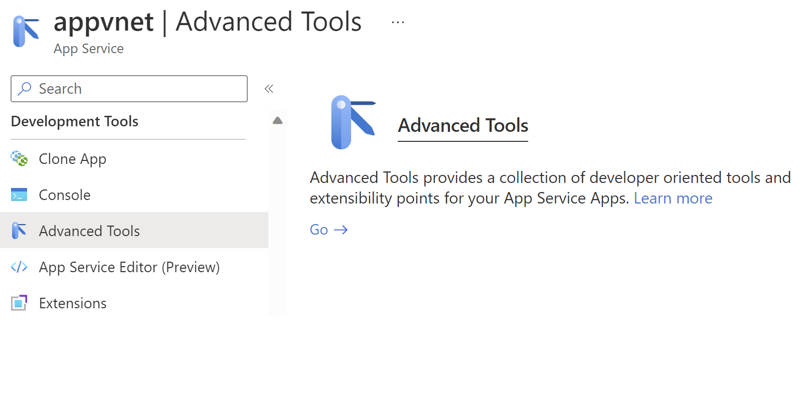 Captura de pantalla que muestra cómo abrir la página del servicio Kudu en el Azure Portal.