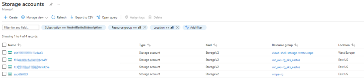 Captura de pantalla de la lista de cuentas de almacenamiento en Azure Portal.