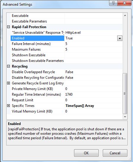 Captura de pantalla del cuadro de diálogo Configuración avanzada del grupo de aplicaciones, Rapid-Fail sección Protección.