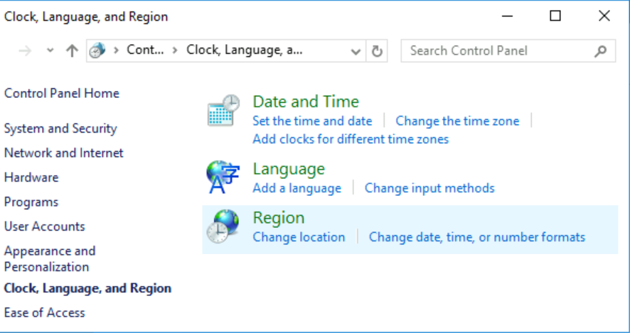 Captura de pantalla de la página Reloj, idioma y región con el elemento Región seleccionado.
