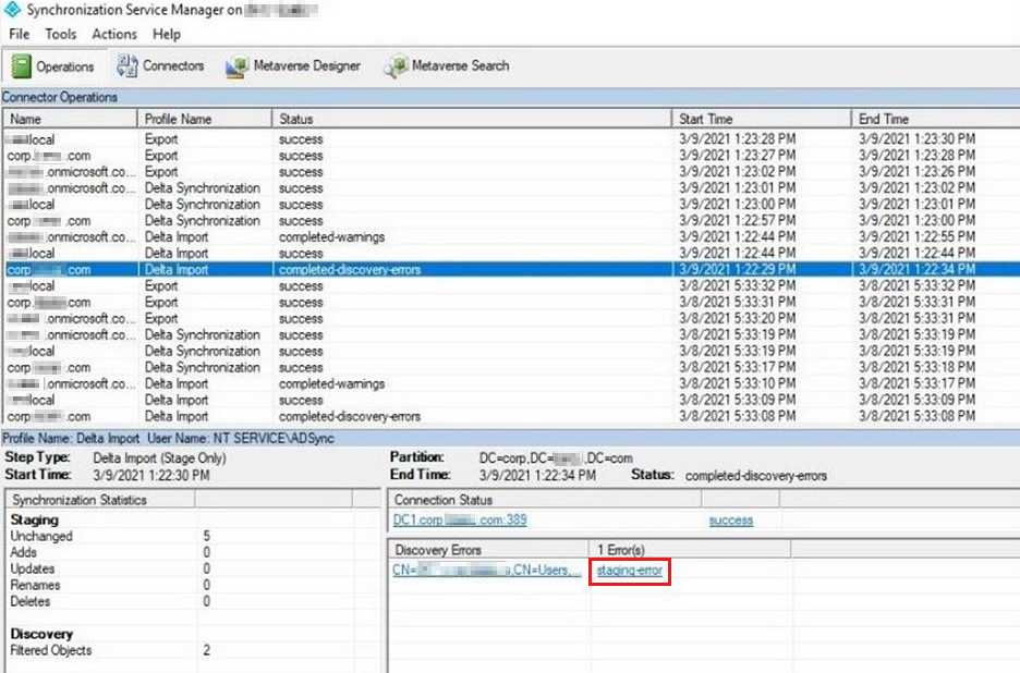 Captura de pantalla de la Service Manager de sincronización que muestra un error de almacenamiento provisional.