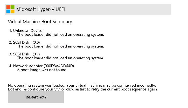 Captura de pantalla del mensaje de error de Hyper-V para la imagen de arranque UEFI que falta.