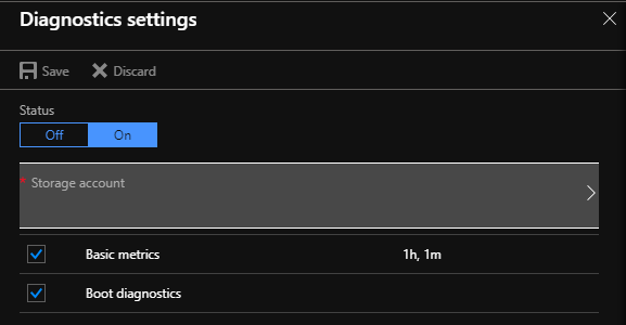 Captura de pantalla de la página de configuración de Diagnóstico en Azure Portal. La opción de diagnóstico de arranque está habilitada.