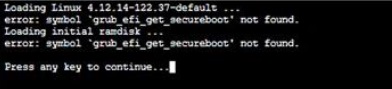Captura de pantalla del error de grub 'grub_efi_get_secure_boot' no encontrado.