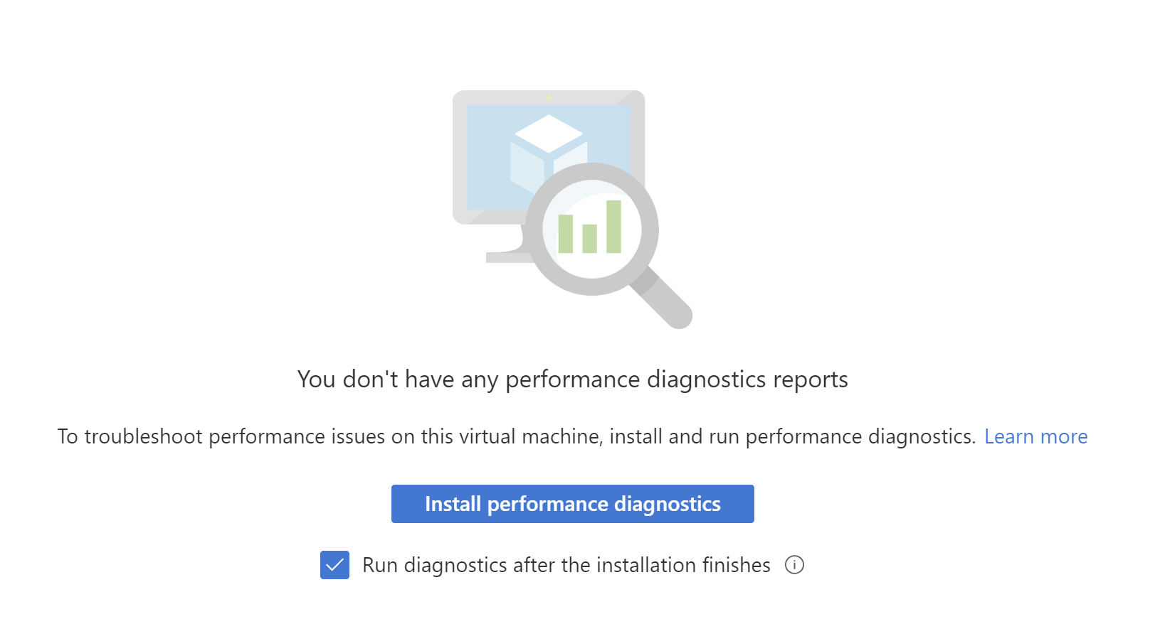 Captura de pantalla del botón de instalación de diagnósticos de rendimiento. La opción Ejecutar diagnósticos después de que finalice la instalación está marcada.