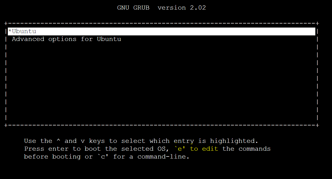 Captura de pantalla de la entrada *Ubuntu en la pantalla de arranque del SO seleccionado en GRUB.