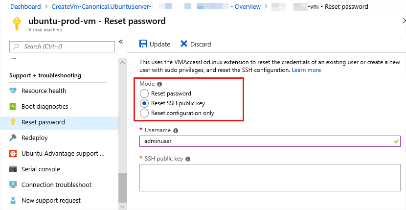 Restablecer la configuración o las credenciales de SSH en Azure Portal.