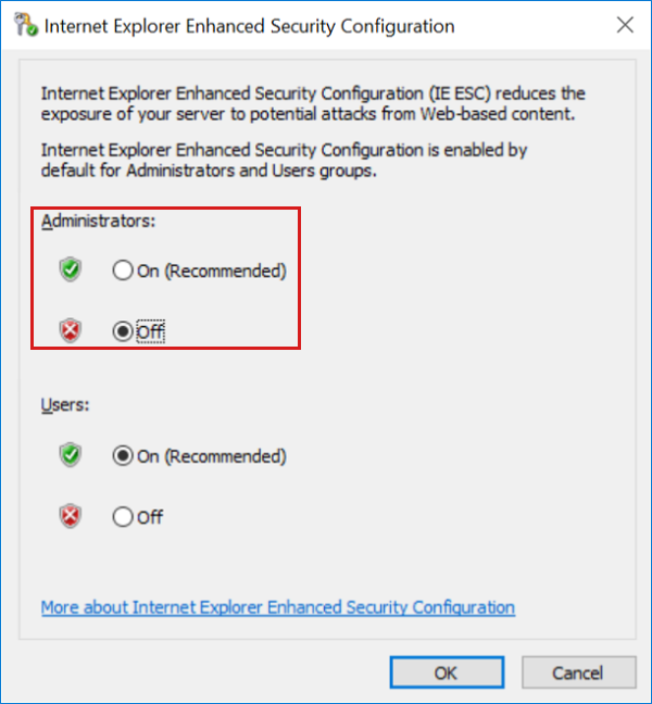 Captura de pantalla del cuadro de diálogo para la configuración de seguridad mejorada de Internet Explorer, con la configuración desactivada para los administradores.