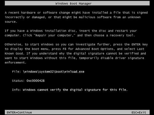 Error del administrador de arranque de Windows: 0xC0000428 Estado hash de  imagen no válido - Virtual Machines | Microsoft Learn