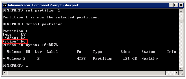 Captura de pantalla de la salida de diskpart, en la que se muestra que la partición 1 es la partición seleccionada, pero no está activa.