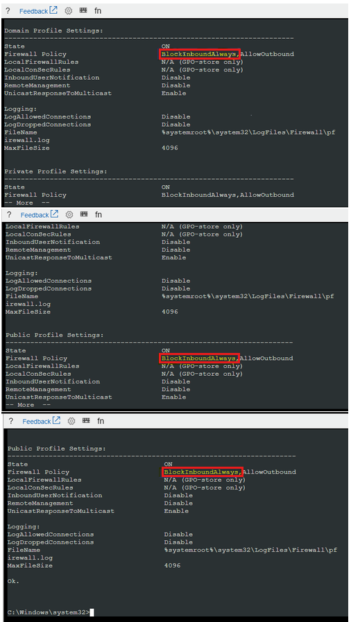 Captura de pantalla del resultado de la consulta de los perfiles de firewall entrantes que contiene BlockInboundAlways.