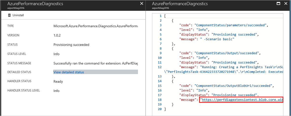 Captura de pantalla del estado detallado de Performance Diagnostics y el enlace de descarga de la extensión.