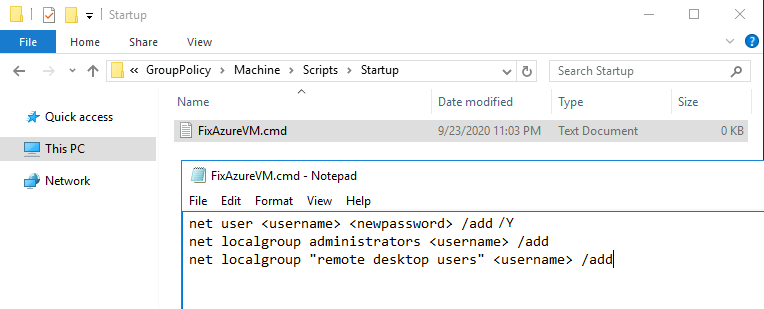 Captura de pantalla que muestra el archivo FixAzureVM.cmd recién creado en el que puede actualizar el nombre de usuario y la contraseña.