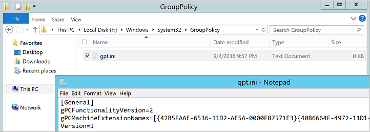 Captura de pantalla que muestra las actualizaciones del archivo gpt.ini para la VM clásica.