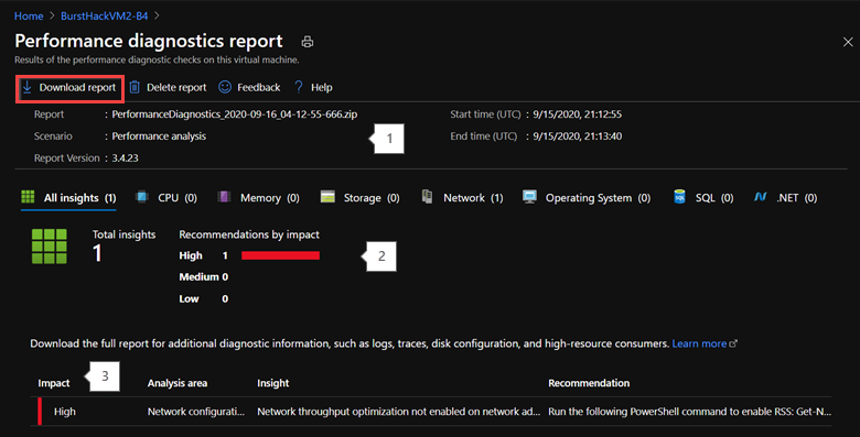 Captura de pantalla del botón Descargar informe en la página Informe de diagnóstico de rendimiento.