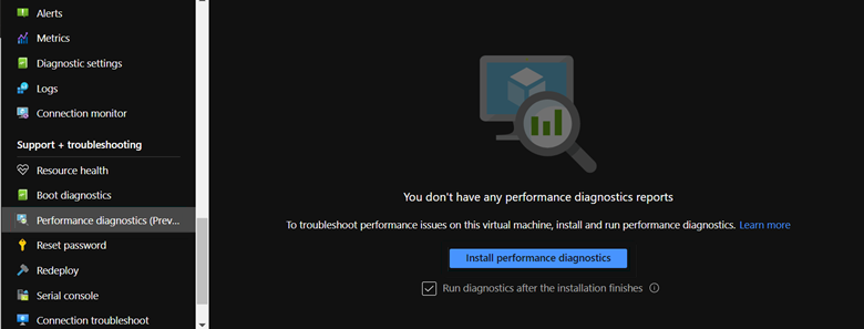 Captura de pantalla del botón Instalar diagnósticos de rendimiento en la opción Diagnósticos de rendimiento.