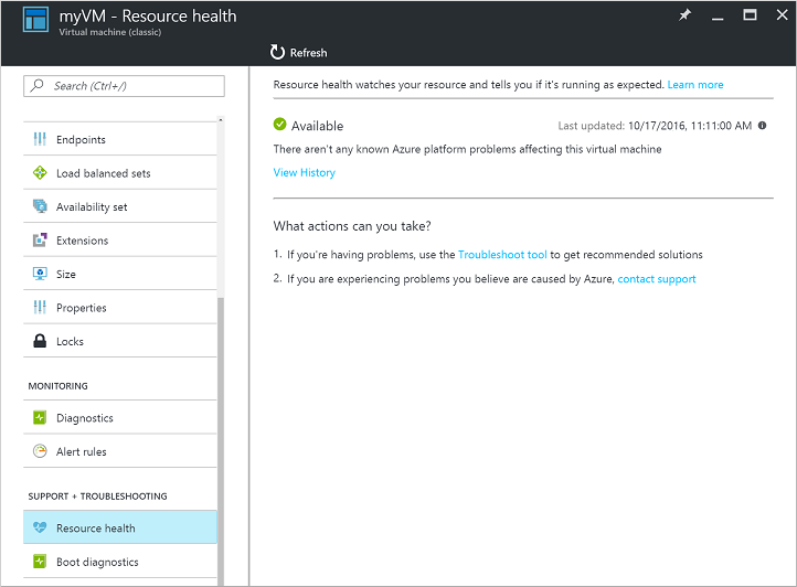 Captura de pantalla 2 de una VM en buen estado que informa del modelo de implementación clásico, que muestra que no se conocen problemas de la plataforma Azure que afecten a esta máquina virtual.