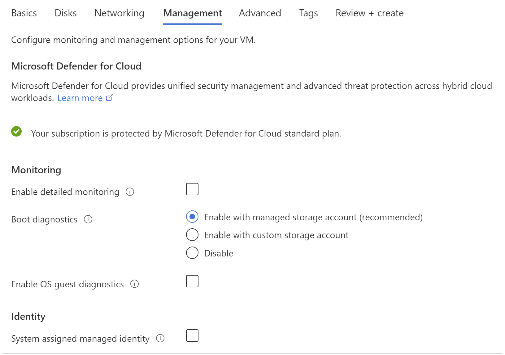 Captura de pantalla de las opciones de la página diagnóstico de arranque de creación de máquinas virtuales