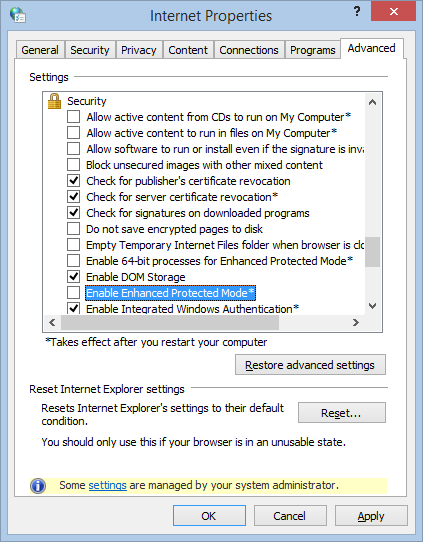 Captura de pantalla que muestra la casilla Habilitar modo protegido mejorado resaltada en la pestaña Avanzadas de Internet ventana Propiedades.