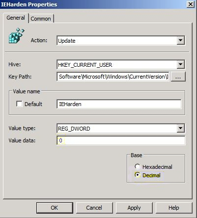 Captura de pantalla de la configuración del Registro en IEHarden ventana Propiedades.