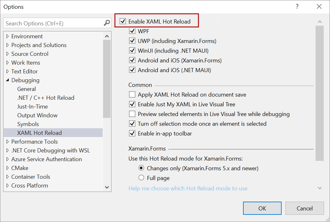 Captura de pantalla de la ventana Opciones de depuración de Visual Studio, con la opción Habilitar Recarga activa XAML resaltada.