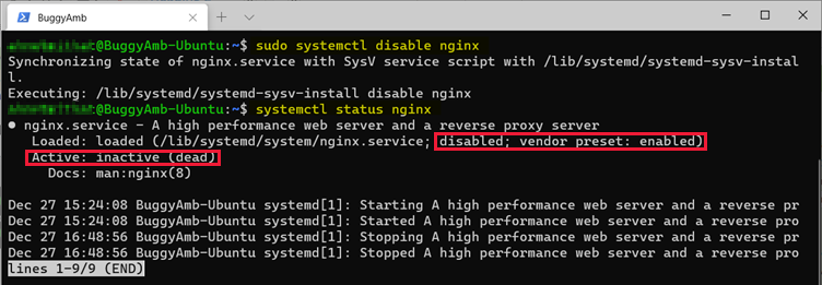 Captura de pantalla del comando disable.