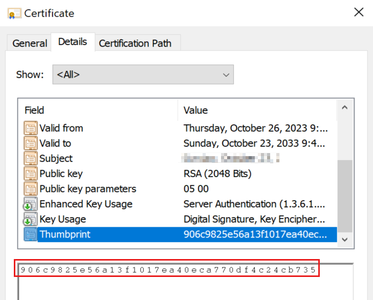 Captura de pantalla del cuadro de diálogo Certificado que muestra la pestaña Detalles. El valor de huella digital está resaltado.