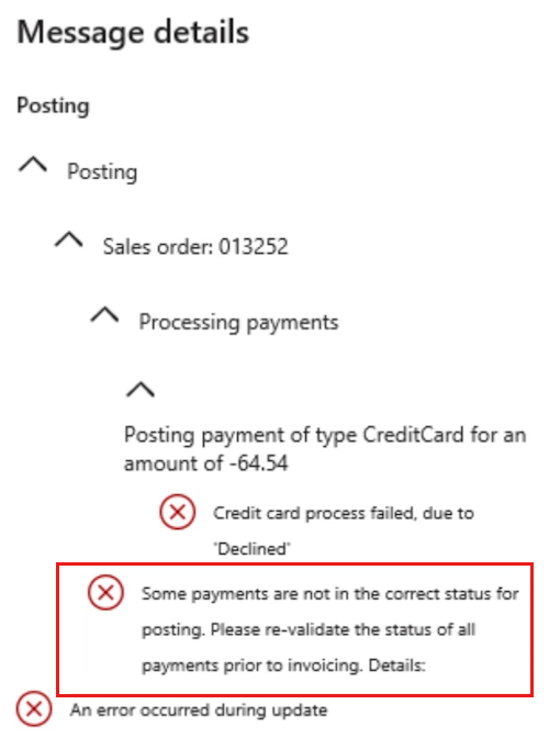 Captura de pantalla que muestra que algunos pagos no están en el estado correcto para el error de publicación que se produce cuando se rechaza un reembolso.