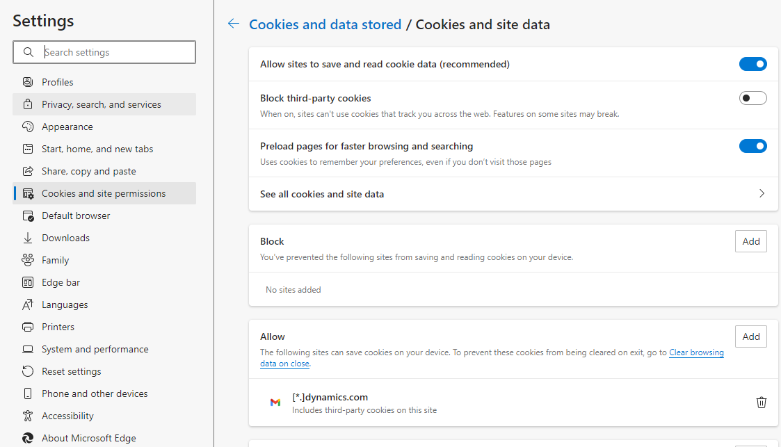 Captura de pantalla que muestra la configuración de las cookies y las permisisiones del sitio en Microsoft Edge.