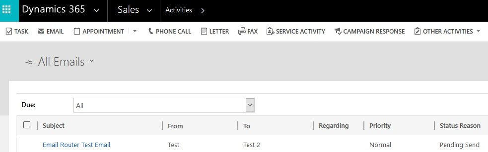 Captura de pantalla que muestra el correo electrónico en un estado de envío pendiente.