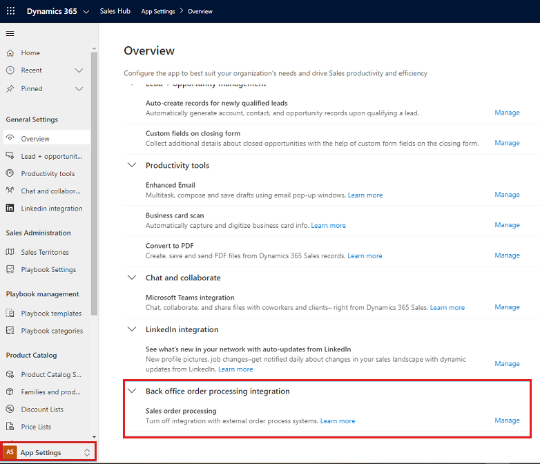 Configuración para deshabilitar la integración de procesamiento de pedidos de back-office.