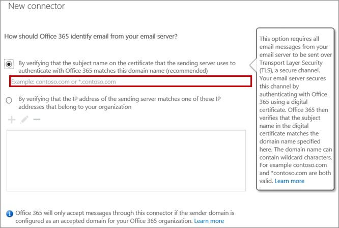 En la ilustración se muestra un ejemplo de configuración del conector para usar el formato contoso.com.