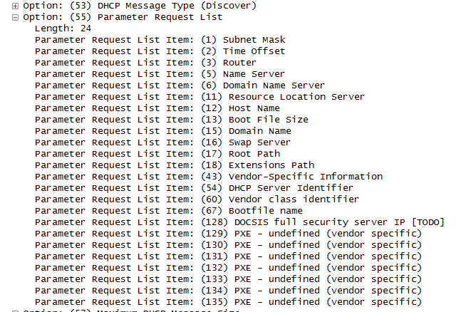Captura de pantalla de un seguimiento de red de ejemplo con la lista de parámetros de un paquete DHCPDISCOVER.