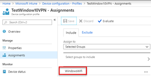Captura de pantalla que muestra el perfil de VPN asignado de un grupo para Windows.