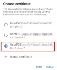 Captura de pantalla que muestra la página para elegir certificados.