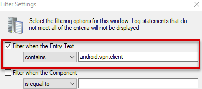 Captura de pantalla que muestra un ejemplo que usa CMTrace para leer registros y busca android.vpn.client.