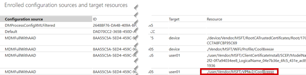 Captura de pantalla que muestra la información de diagnóstico de MDM para el recurso de configuración.