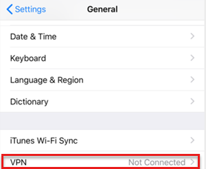 Captura de pantalla que muestra que el estado de VPN no está conectado en iOS.