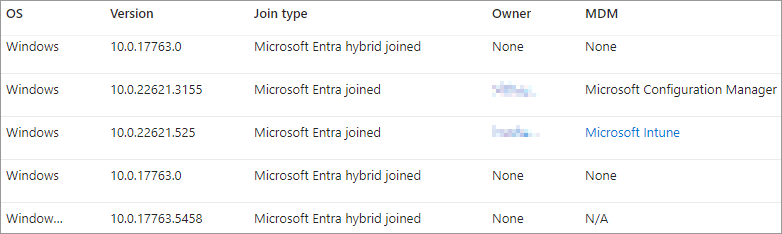 Captura de pantalla que muestra la lista de dispositivos unidos a Microsoft Entra.
