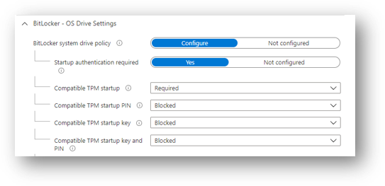 Configuración de la unidad del sistema operativo BitLocker que muestra inicio de TPM compatible establecido en Requerido.