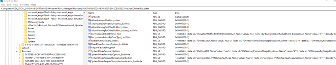 Captura de pantalla de la Editor del Registro que muestra la configuración de directiva de BitLocker configurada por el agente MDM