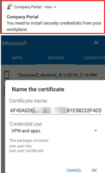 Captura de pantalla de una notificación para instalar el perfil de certificado raíz de confianza.